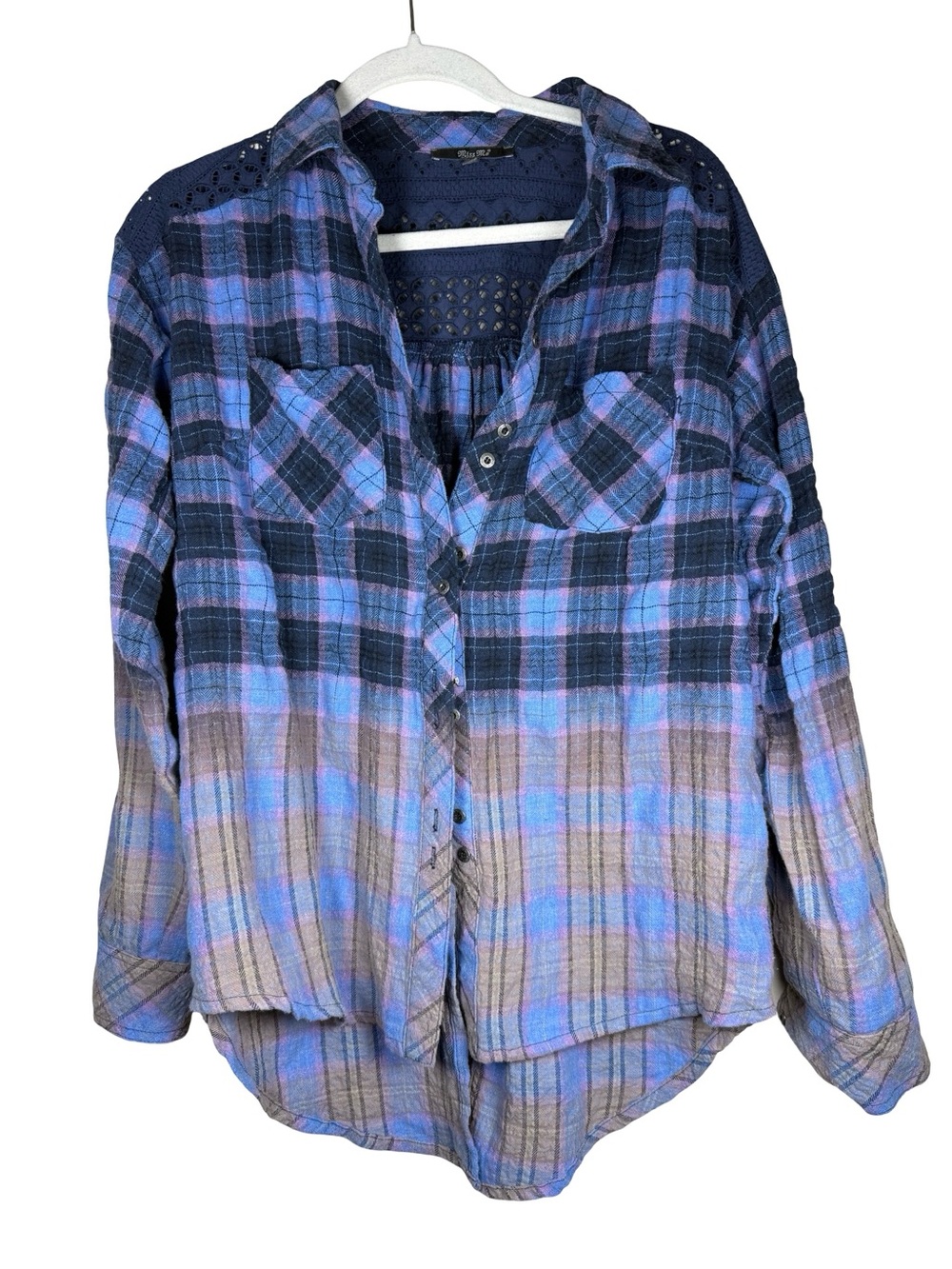 Miss Me Plaid Ombre Blue Lace Yoke Button Down Shirt Sz S
